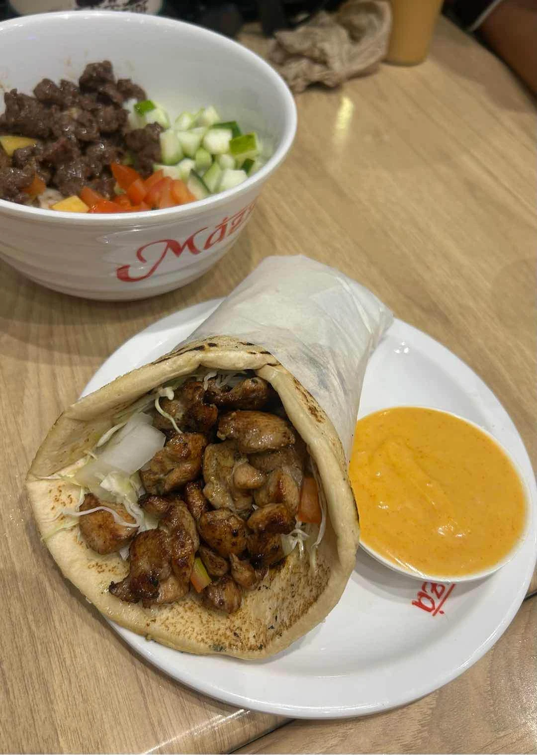 Shawarma wrap and shawarma rice