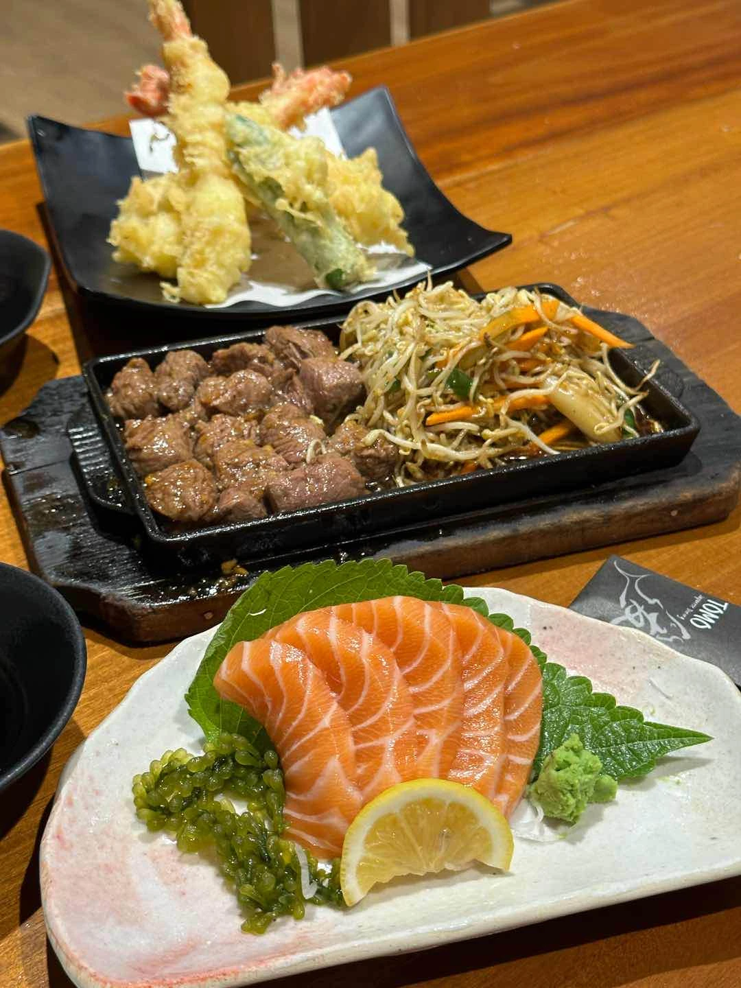 ebi tempura, beef teppan & salmon sashimi