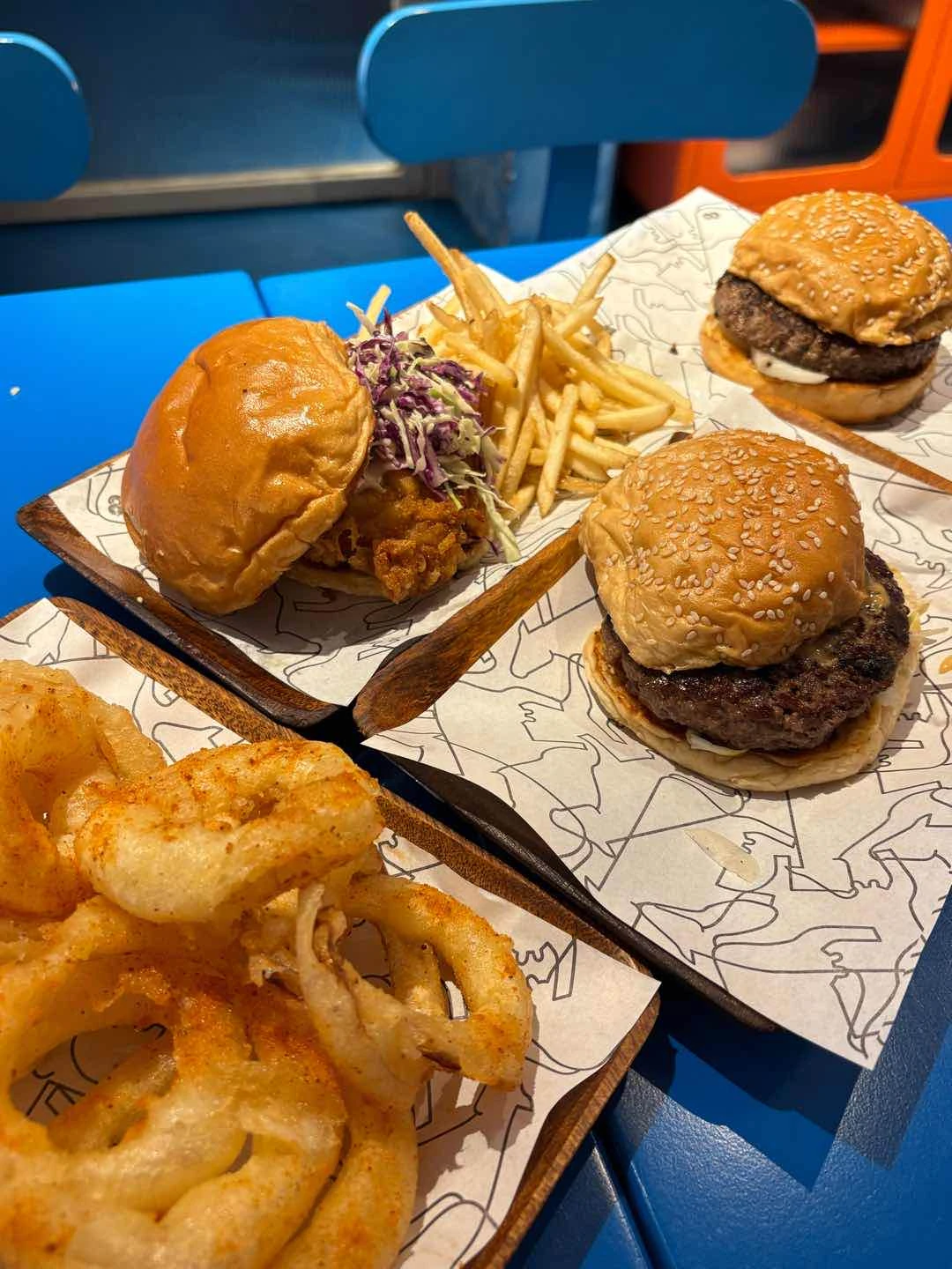 og burger x2, chicken sandwich, onion rings 