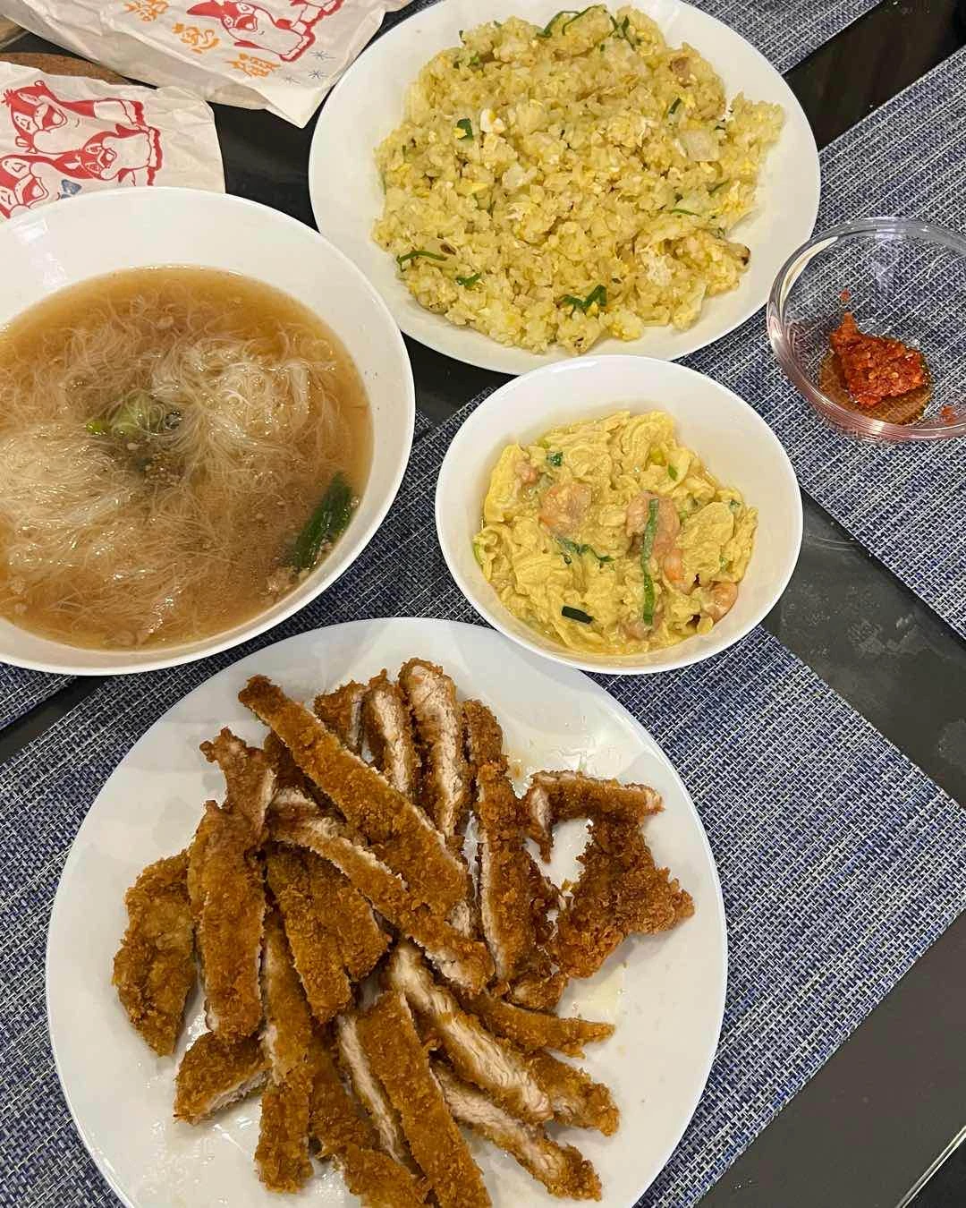 Pork Chop Fried Rice, Pork Chop Sotanghon, and Egg with Shrimp