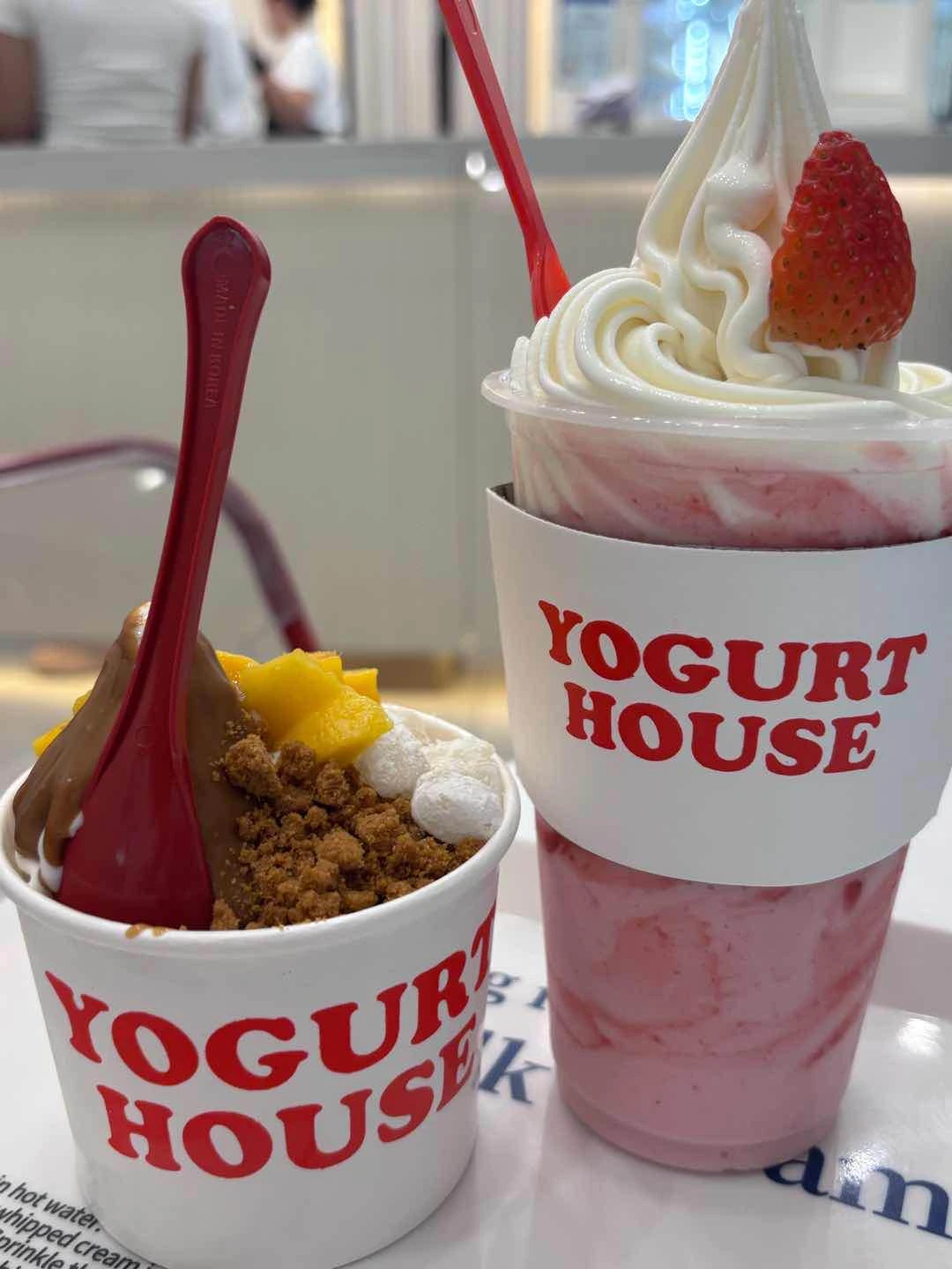 large yogurt with biscoff sauce, biscoff crumble, mochi, and mangoes and strawberry yogurt frappe