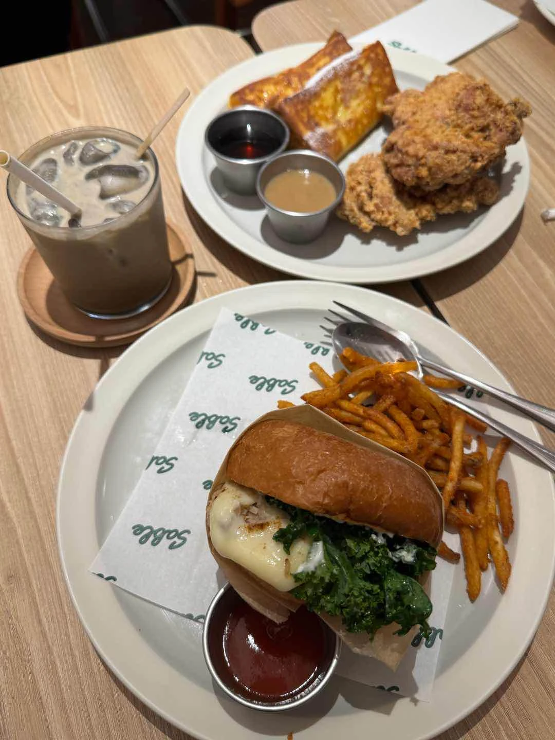 chicken and french toast, dirty seasame latte, sandwich