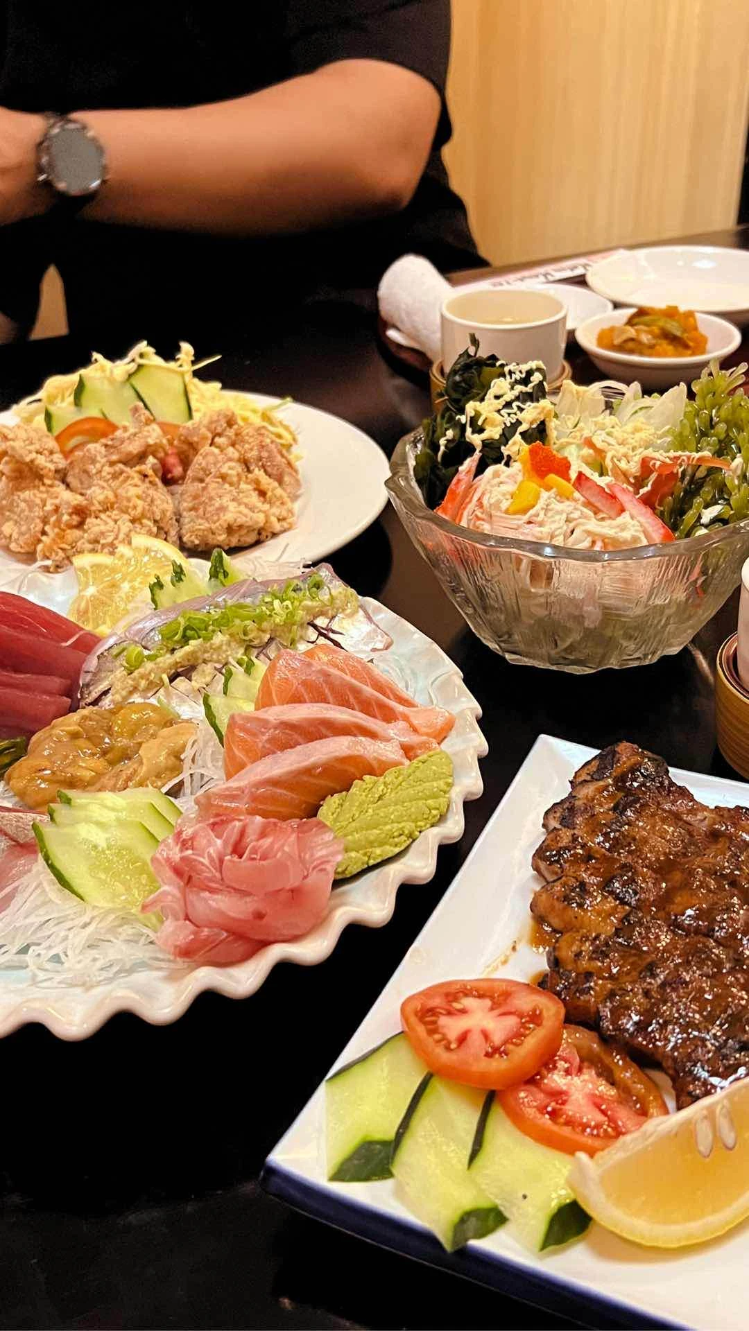 Miso kurobata, Sashimi platter, Kani salad, and Chicken Karaage