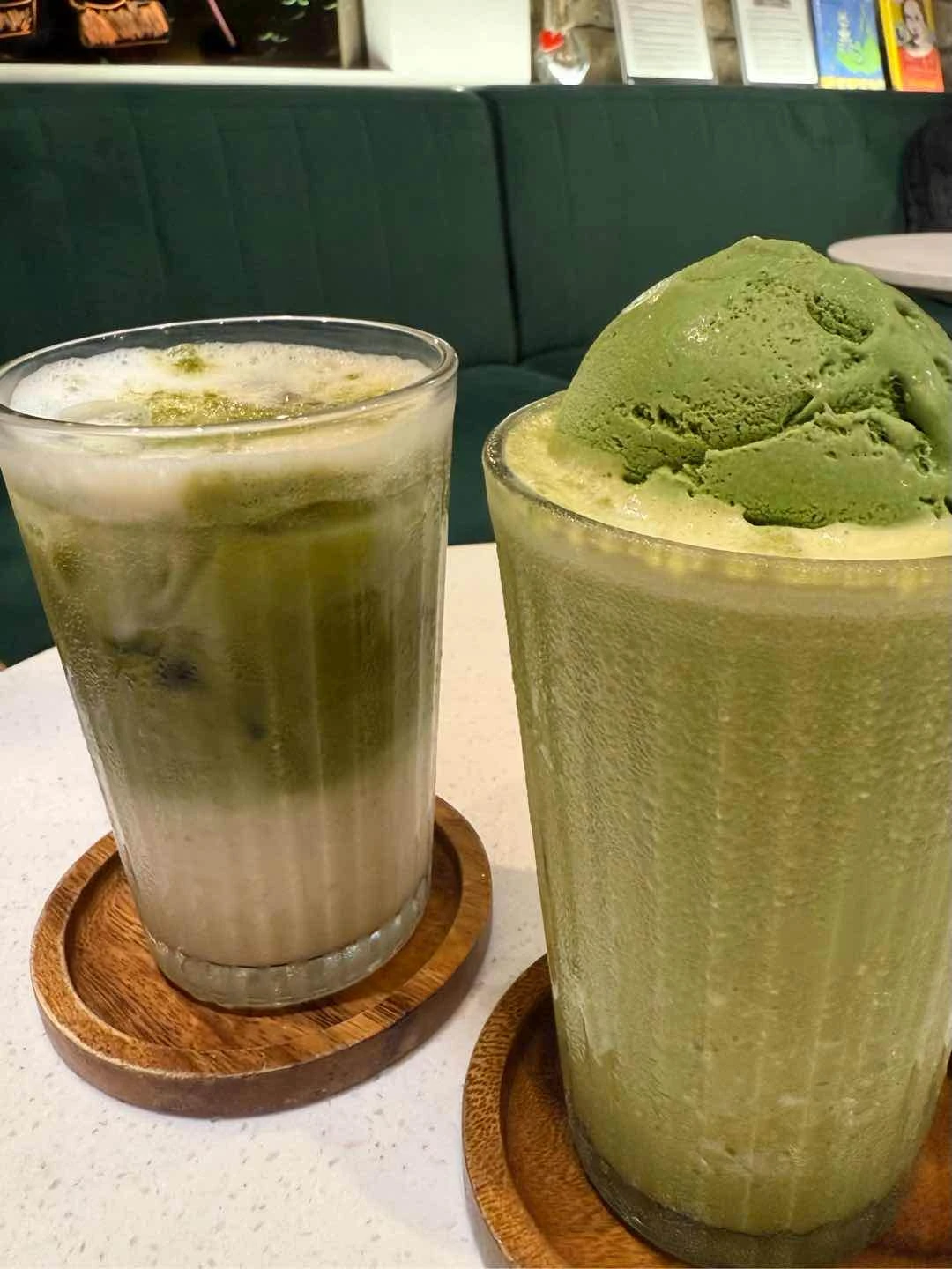 matcha coco (right), uji matcha oat milk sub (left)