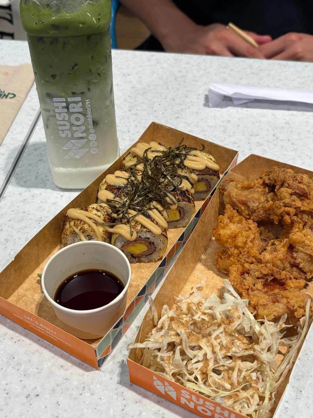 ninja sushi, karaage, and iced matcha latte
