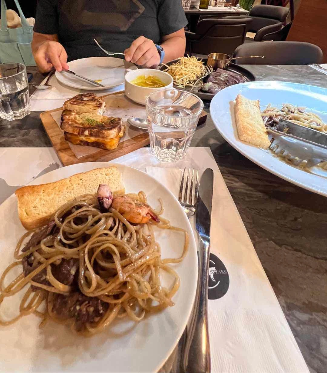 Ribeye Steak Frites, Ribeye Steak Squid & Shrimp Pasta, Egg Truffle Cream Sandwich w Pumpkin Soup of Hai Chix & Steaks - Westgate