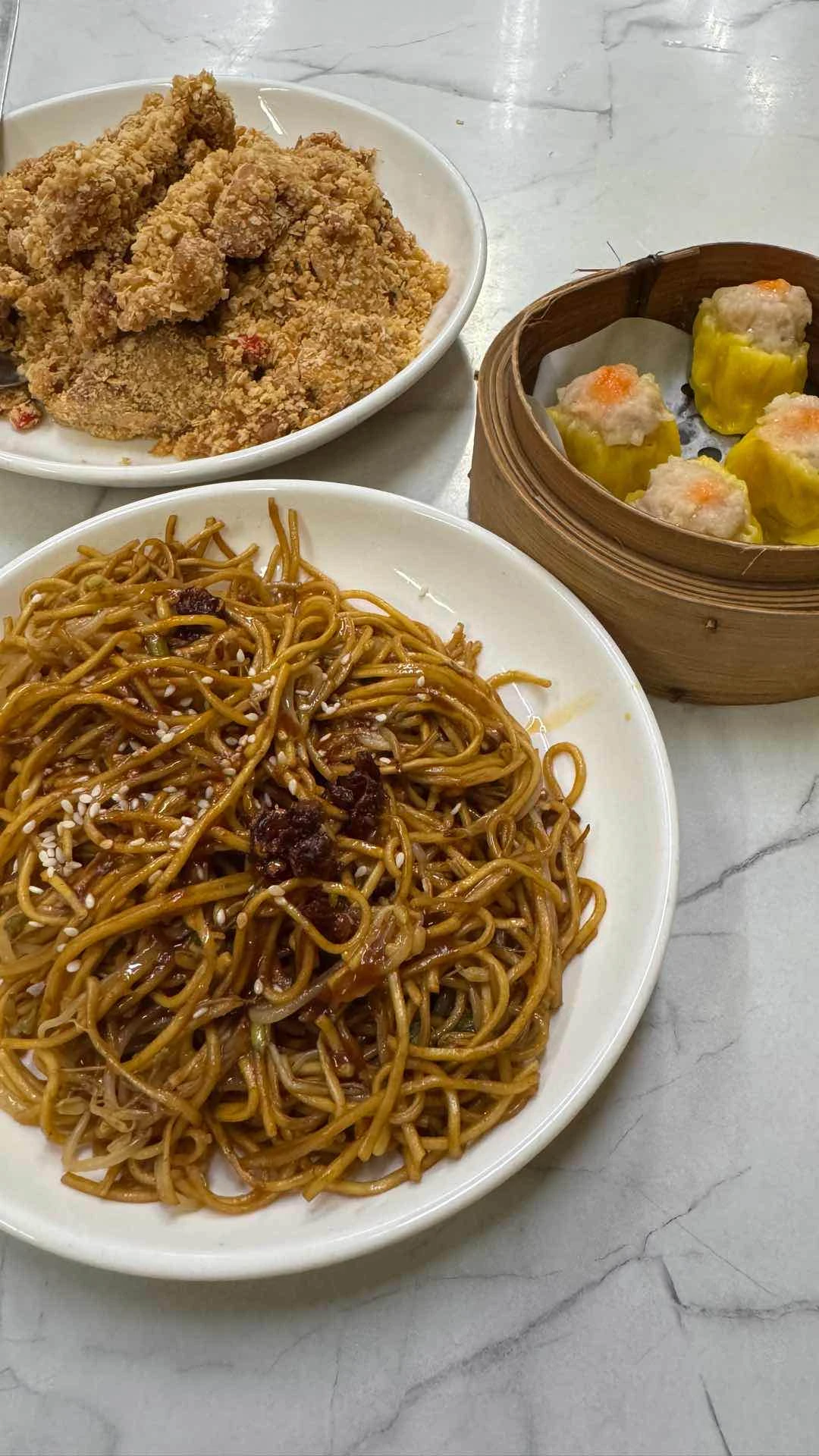 hk style noodles, siomai, cereal chicken