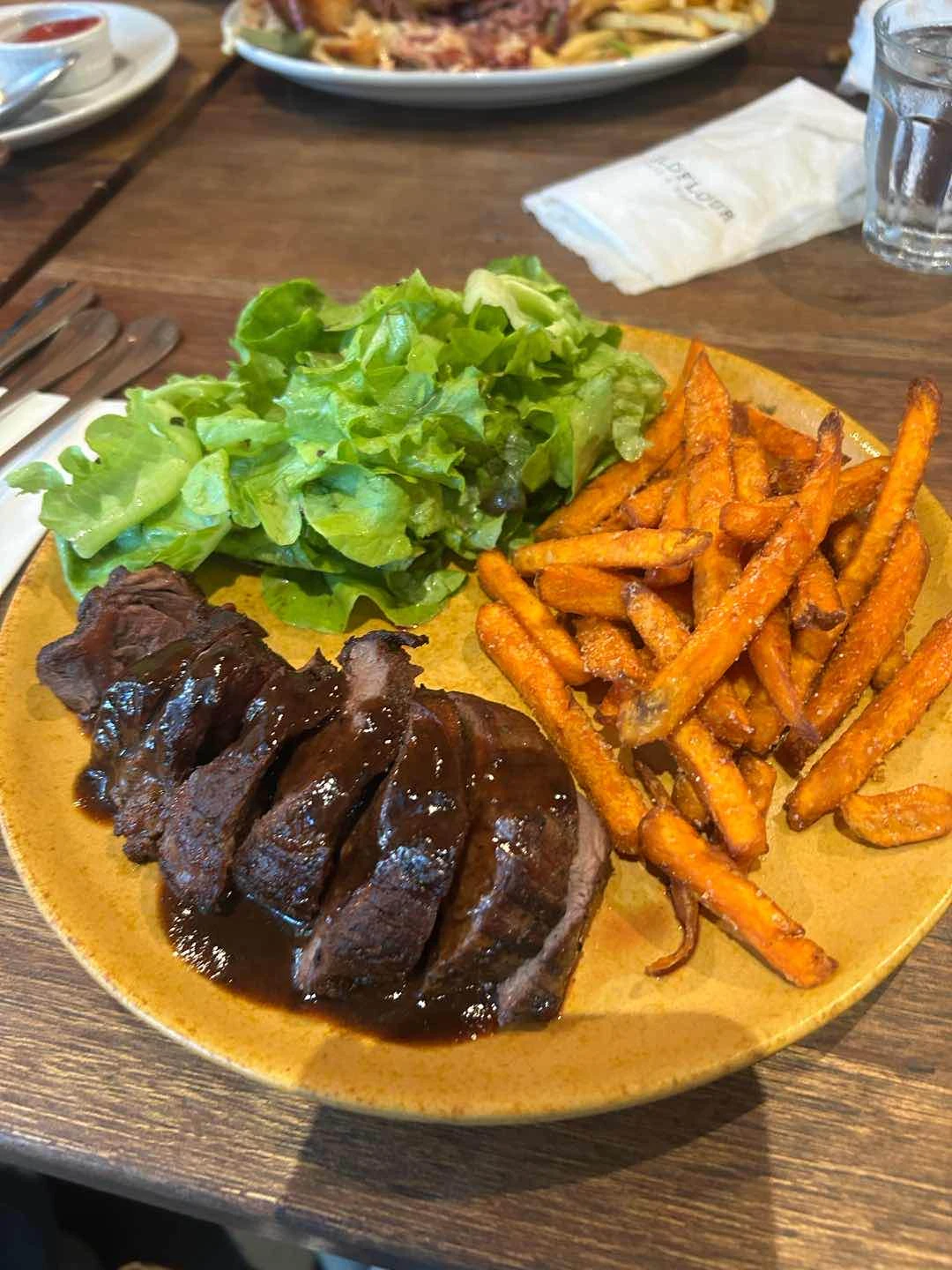 steak au poivre (really good sweet potato fries)