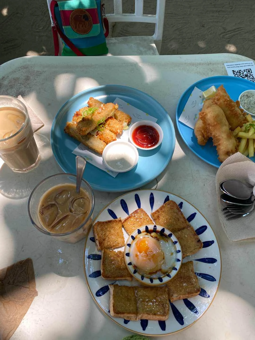 Kaya toast, cheese sticks, fish and chips, and cafe latte