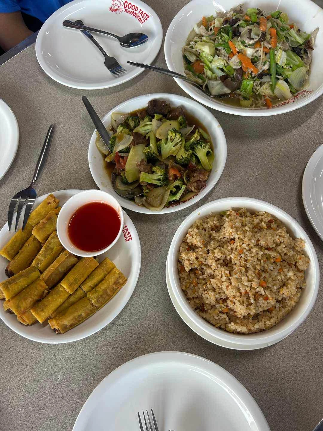 lumpia shanghai, beef broc, pancit canton, and fried rice