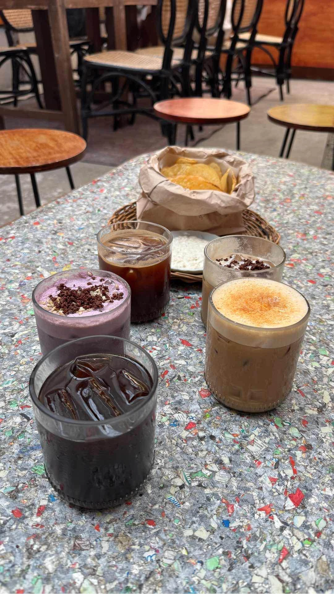 ube latte, leche flan latte, long black, cold brew