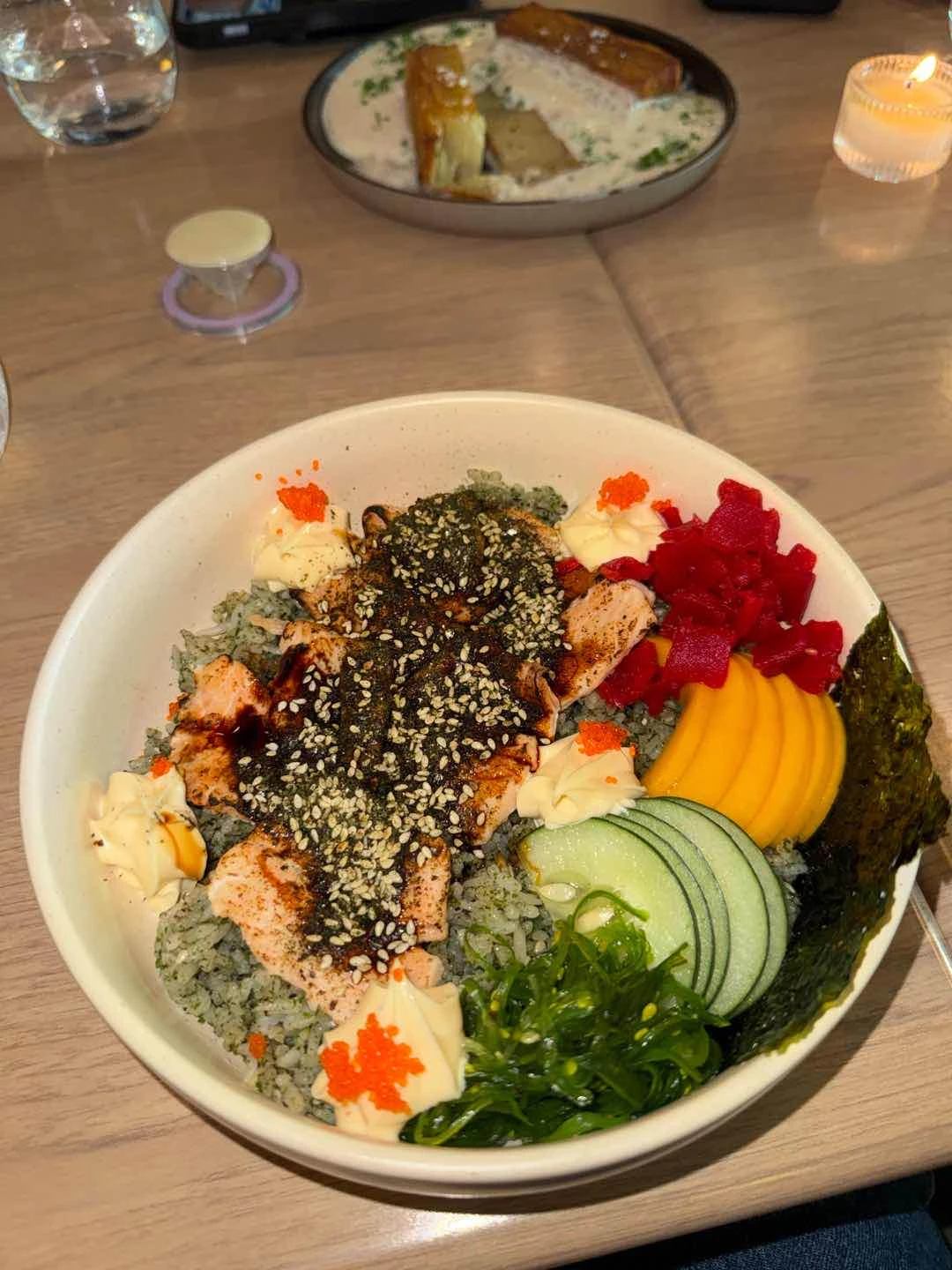 Torched Salmon Poke Bowl of Burnt Bean