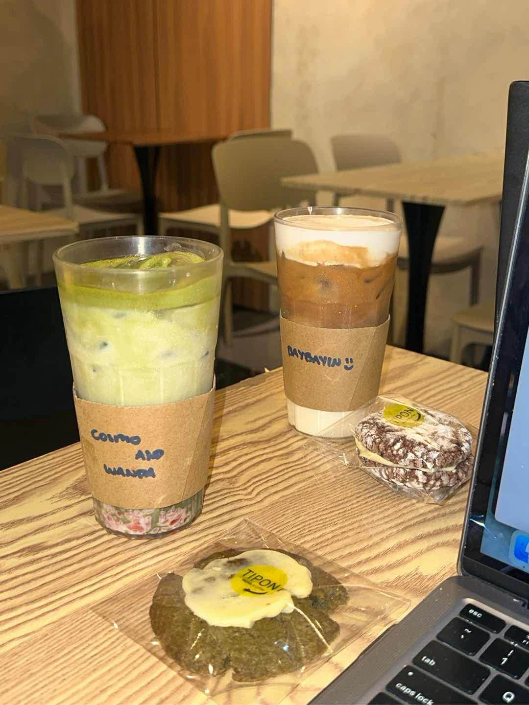 cosmo and wanda (strawberry matcha latte) and matcha cookie