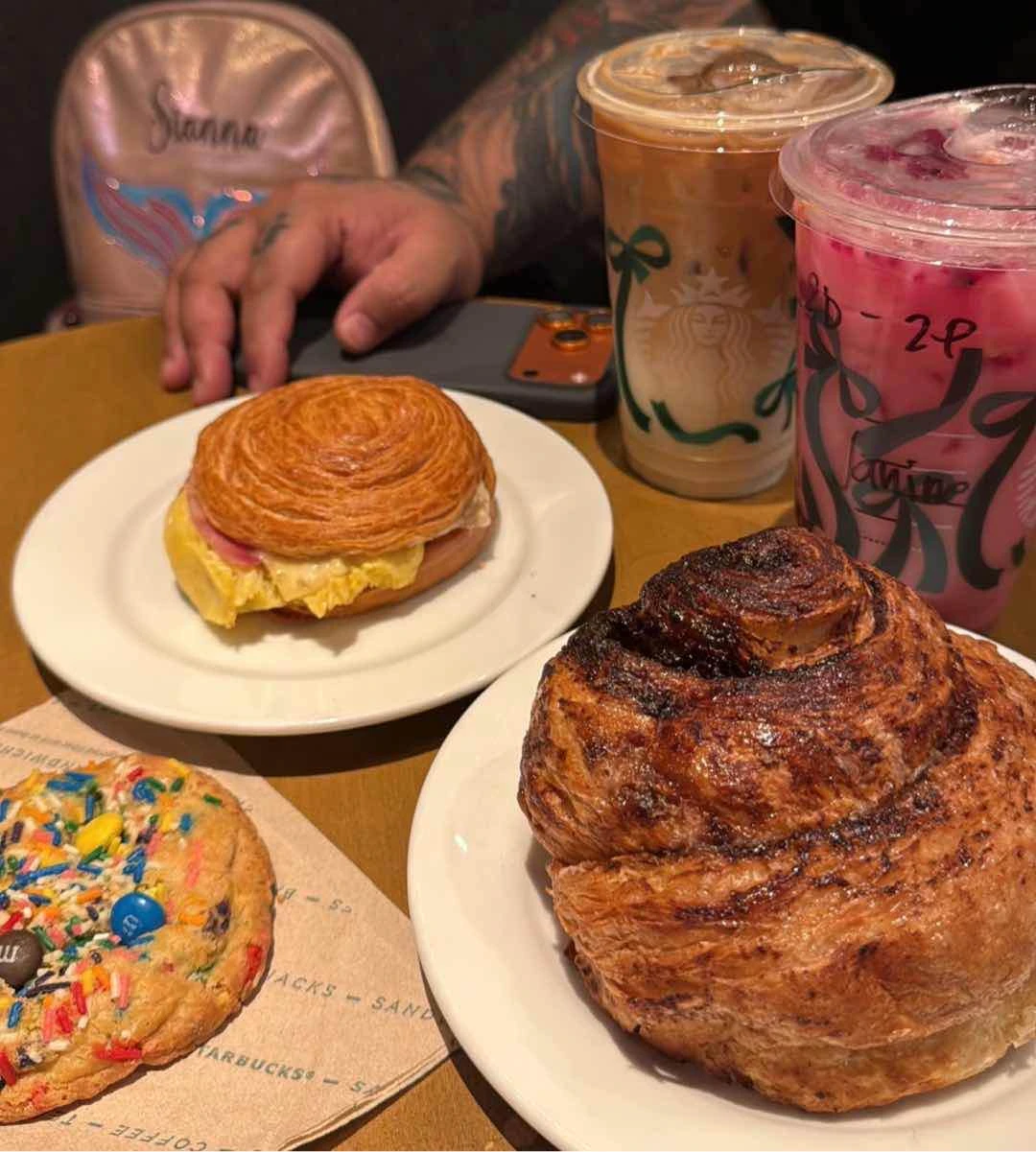 Latte, Cinnamon Danish and Spam Sandwich 