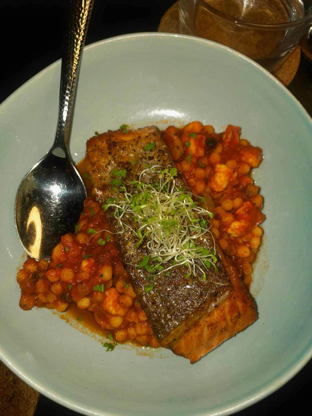 SALMON | Fregola, Prawns, Capers, Parsley