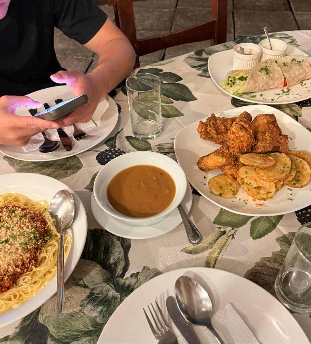 spaghetti, fried chicken, soft tacos