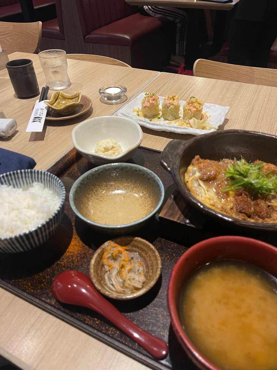 Spicy salmon aburi roll and katsu with egg teishoku