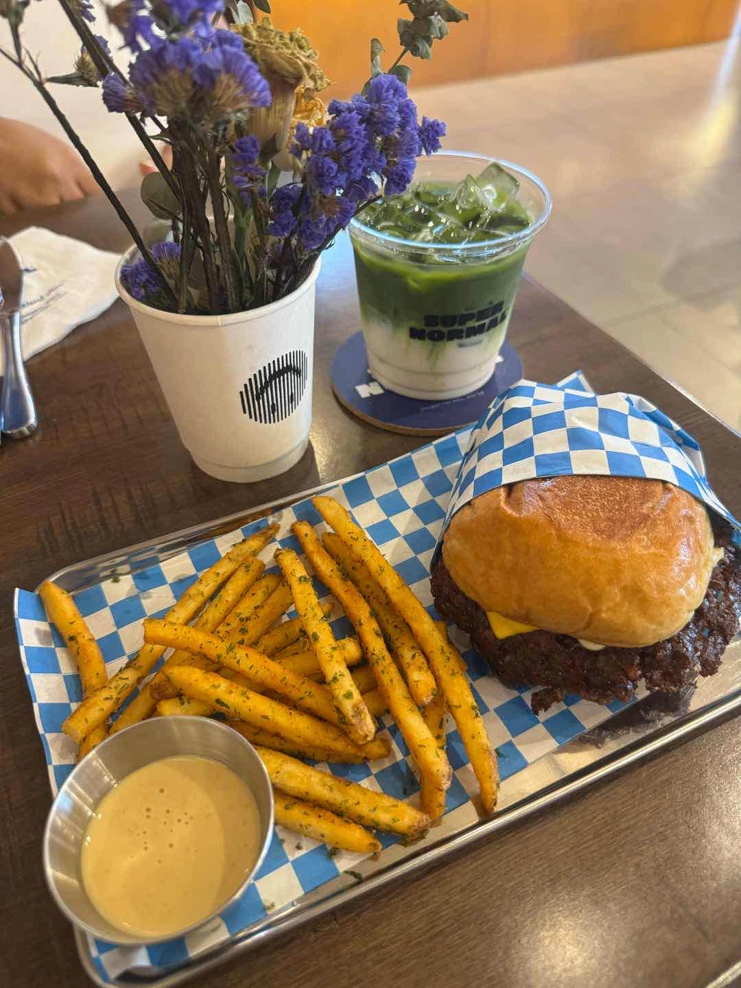 smash burger + matcha latte