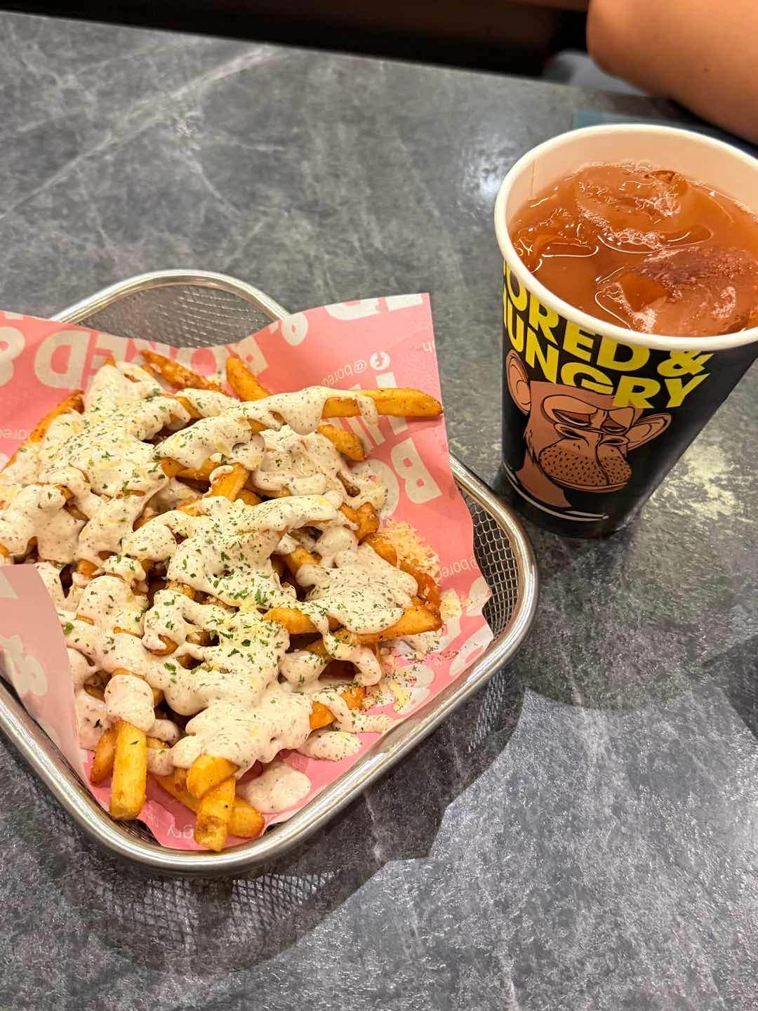 truffle fries and iced tea