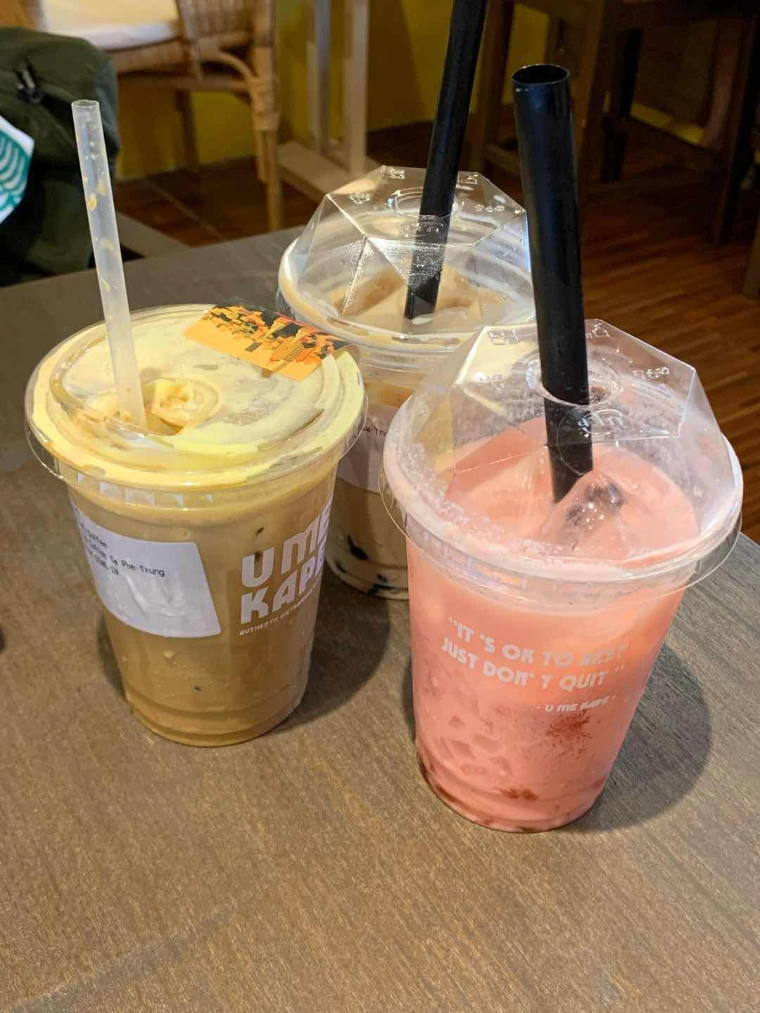 Front left - egg coffee; Front right - strawberry yogurt; back - original milk tea