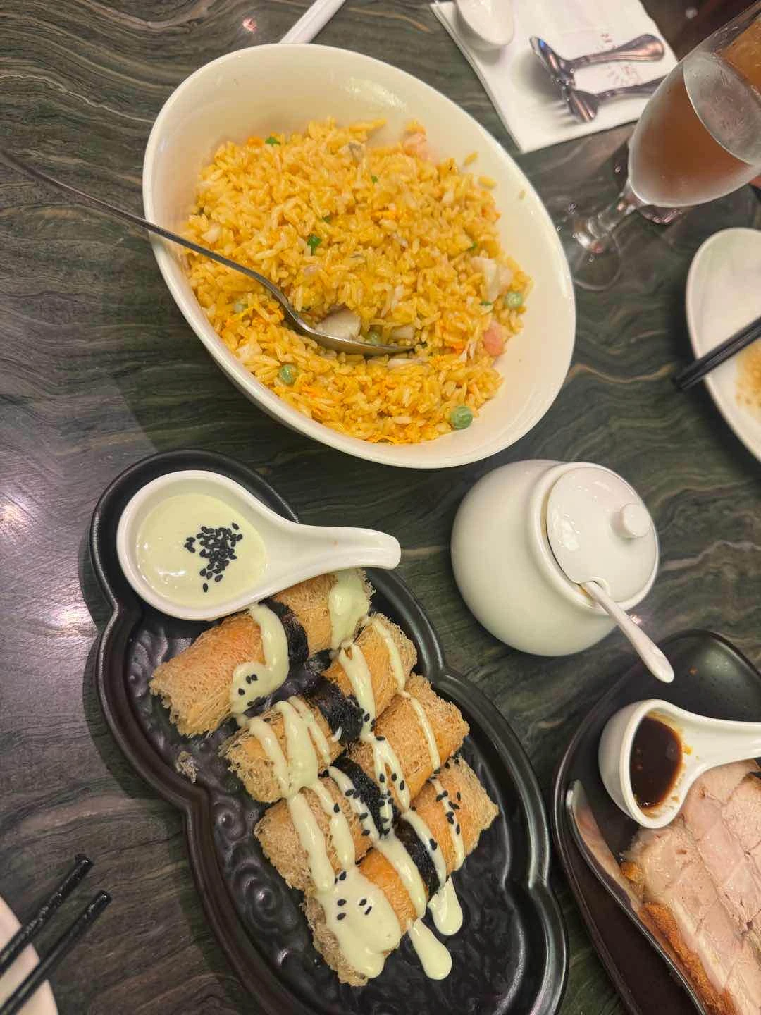 Seafood fried rice and fried shrimp smtg