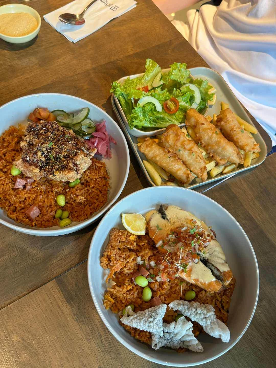 Korean Chicken Chop, Fish & Chips, Salmon w Miso Emulsion