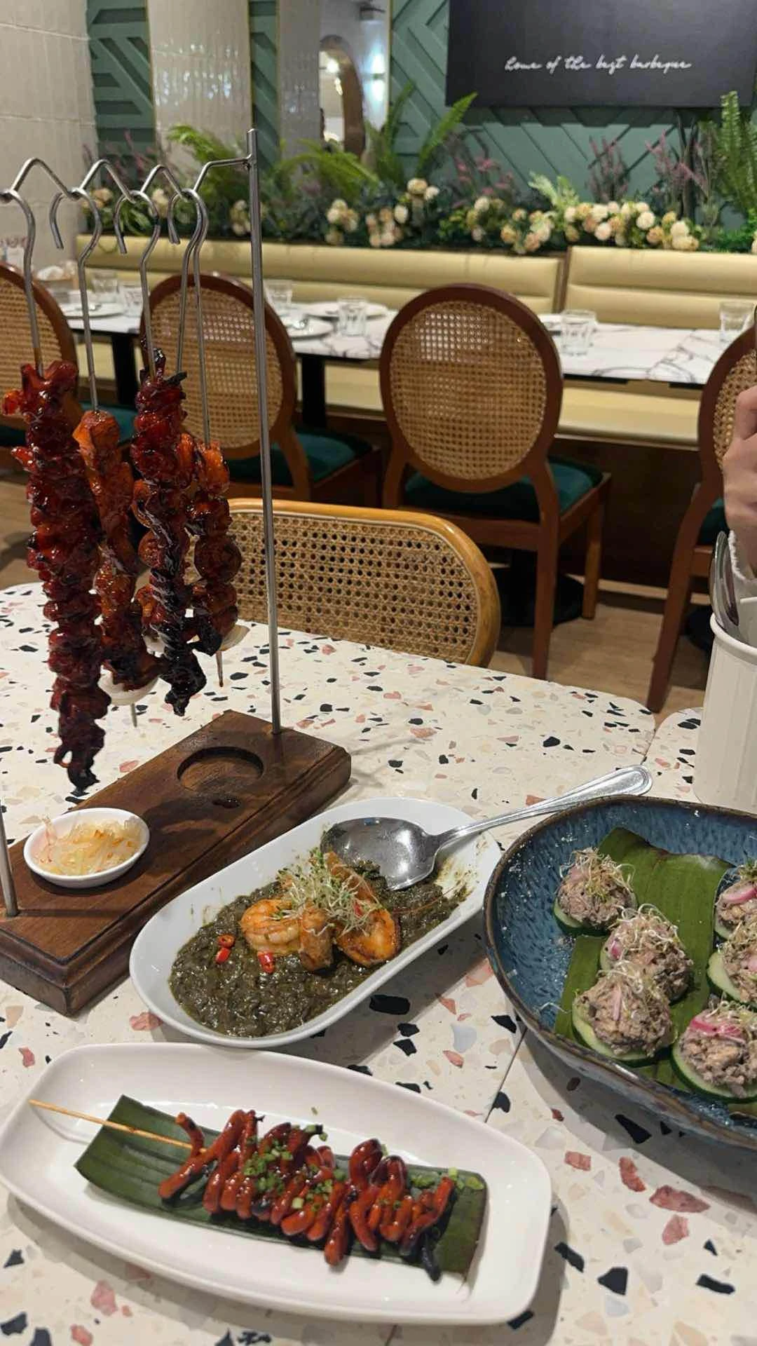 cold sisig, laing, pork bbq, isaw baboy, isaw manok