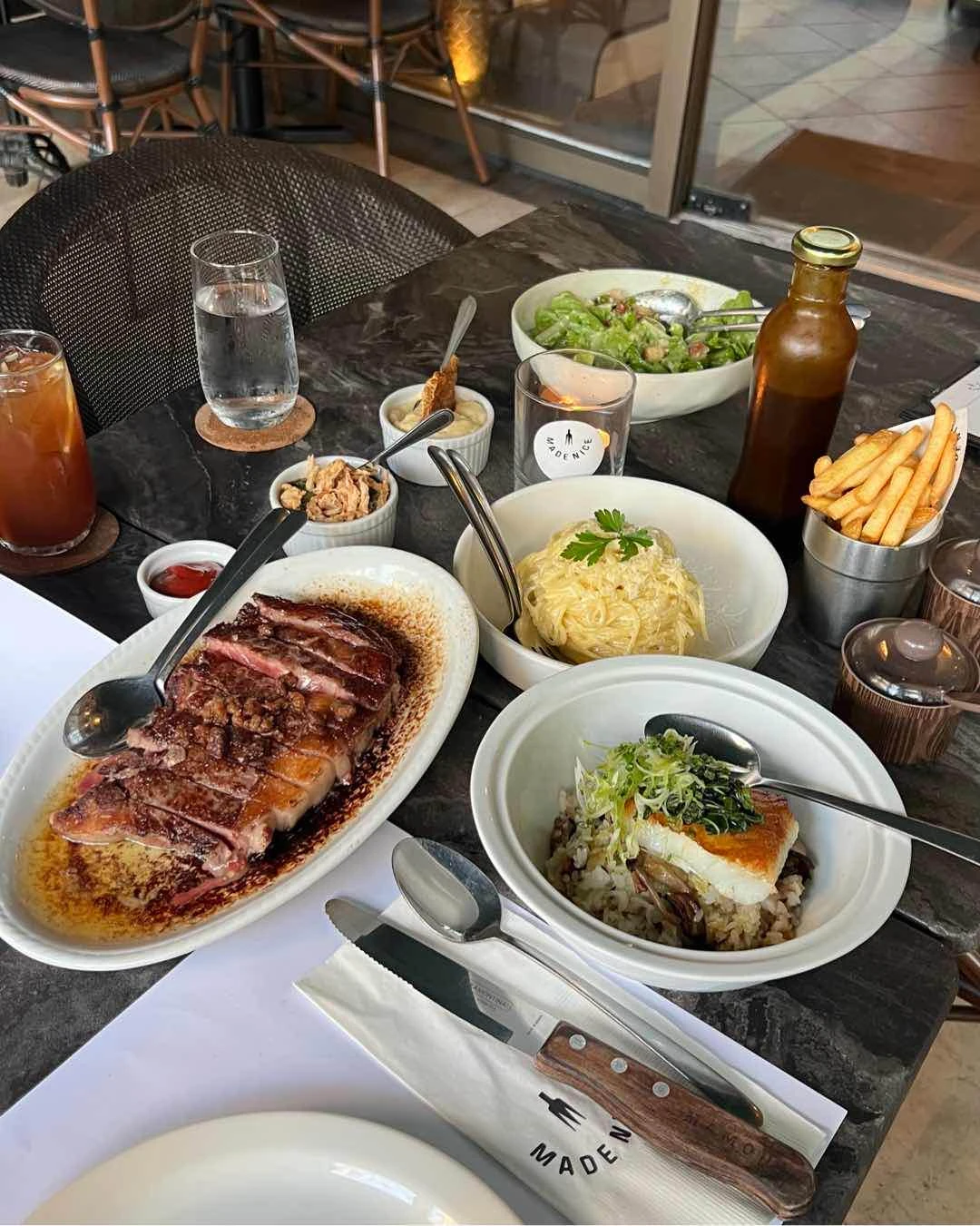 Prime Rib Eye, Lorenzo Truffle Cream Pasta, Caesar Salad, Halibut