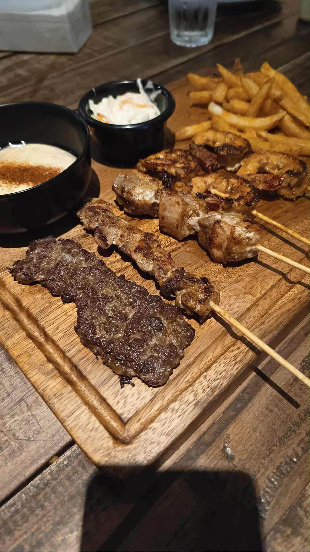 Sampler Platter (Beef, Chicken, Shrimp, Tuna, Steak, Hummus, Fries, Coleslaw)