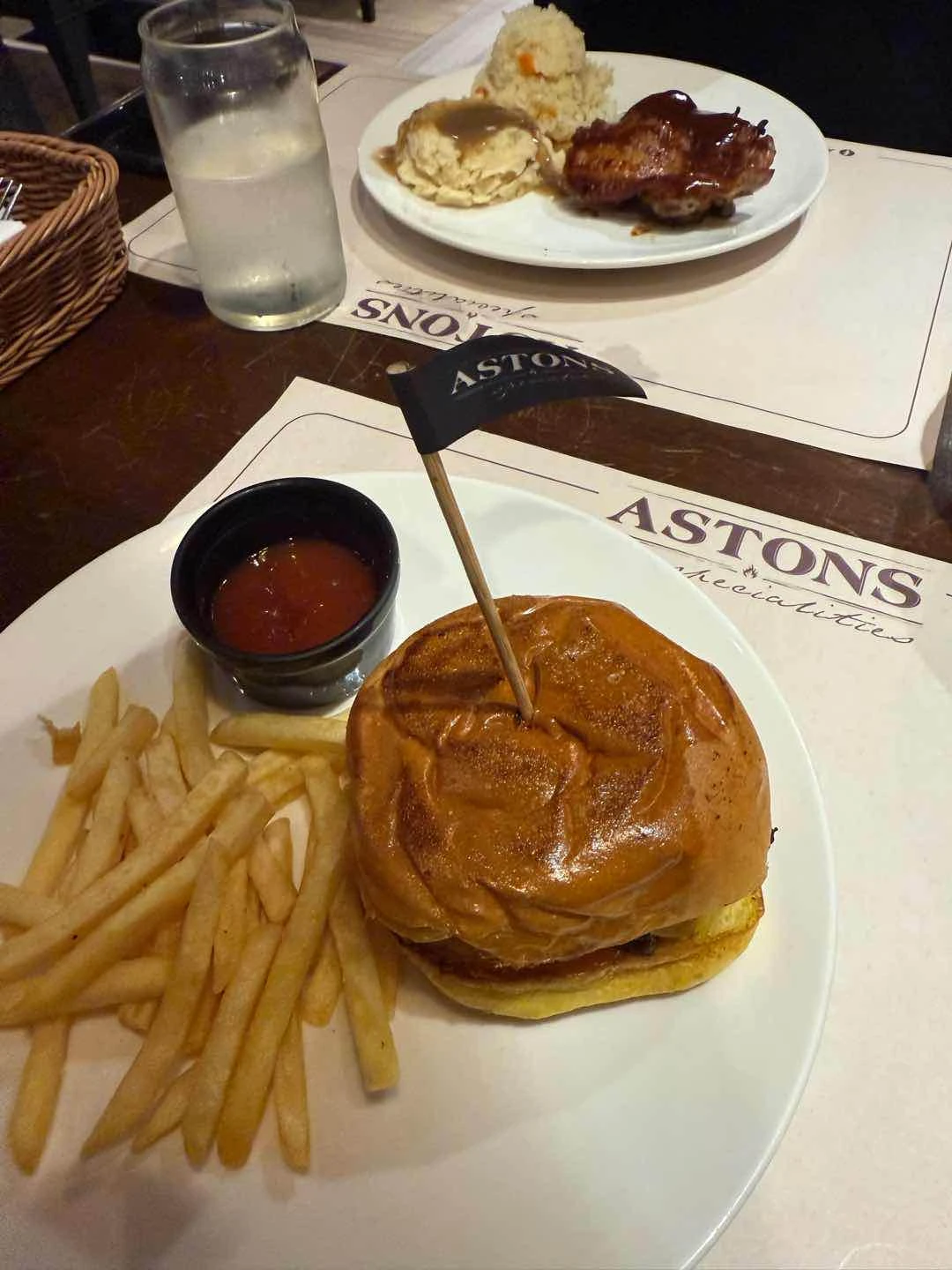 hickory bbq chicken, aston’s classic cheeseburger
