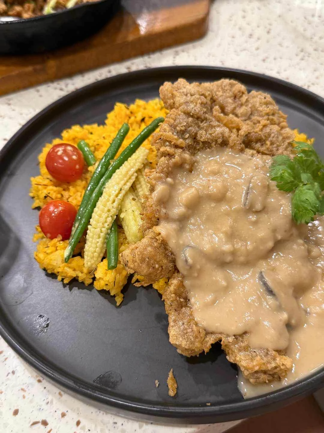 Fried steak w herbed rice