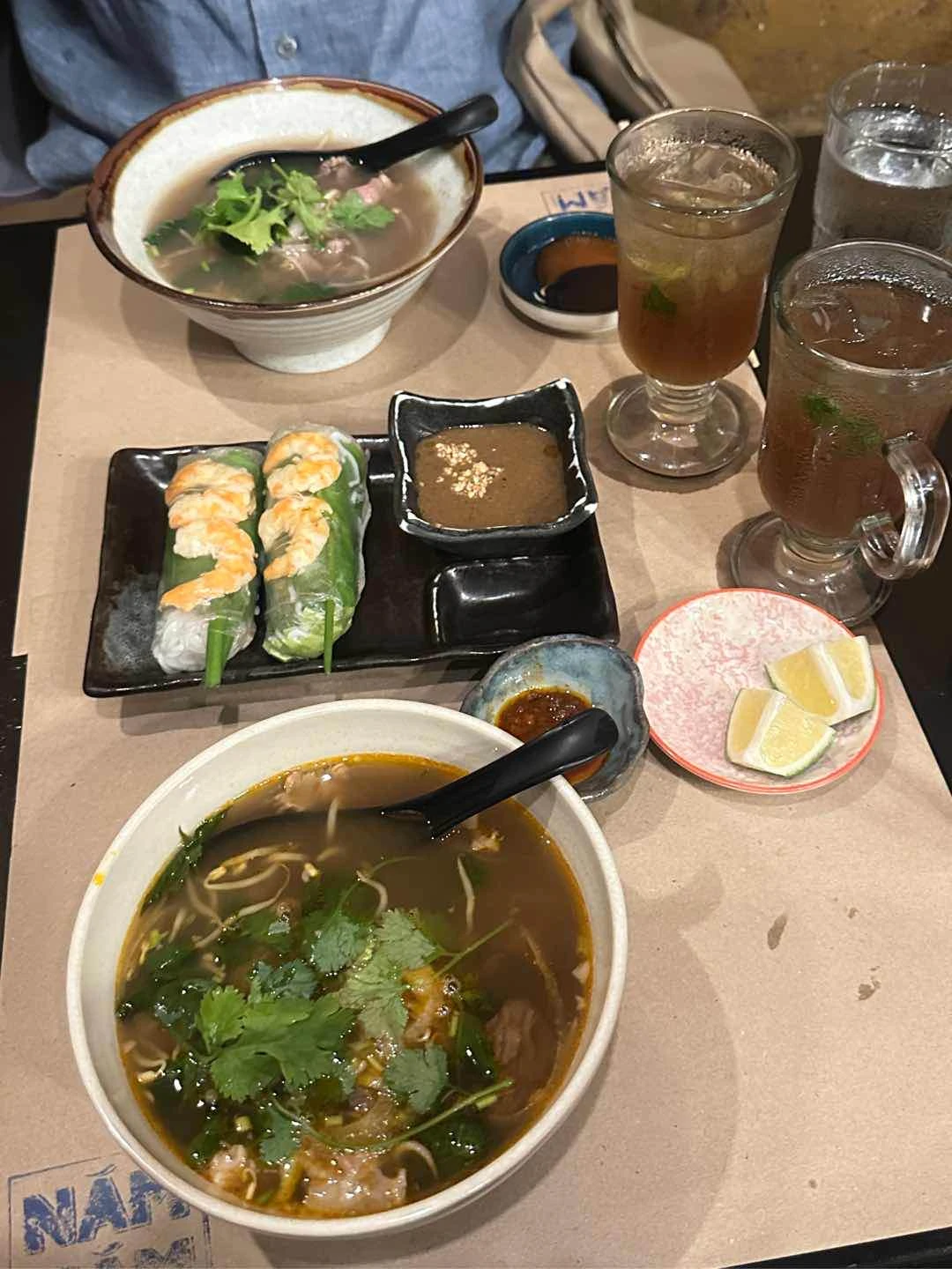 bun bo hue, fresh summer rolls with shrimp & lemon grass