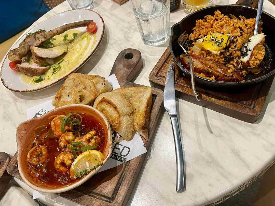 Kimchi Fried Rice with Maple Bacon Slab | Signature Porkchop | Gambas Al Ajillo of The Fat Seed Cafe + Roastery