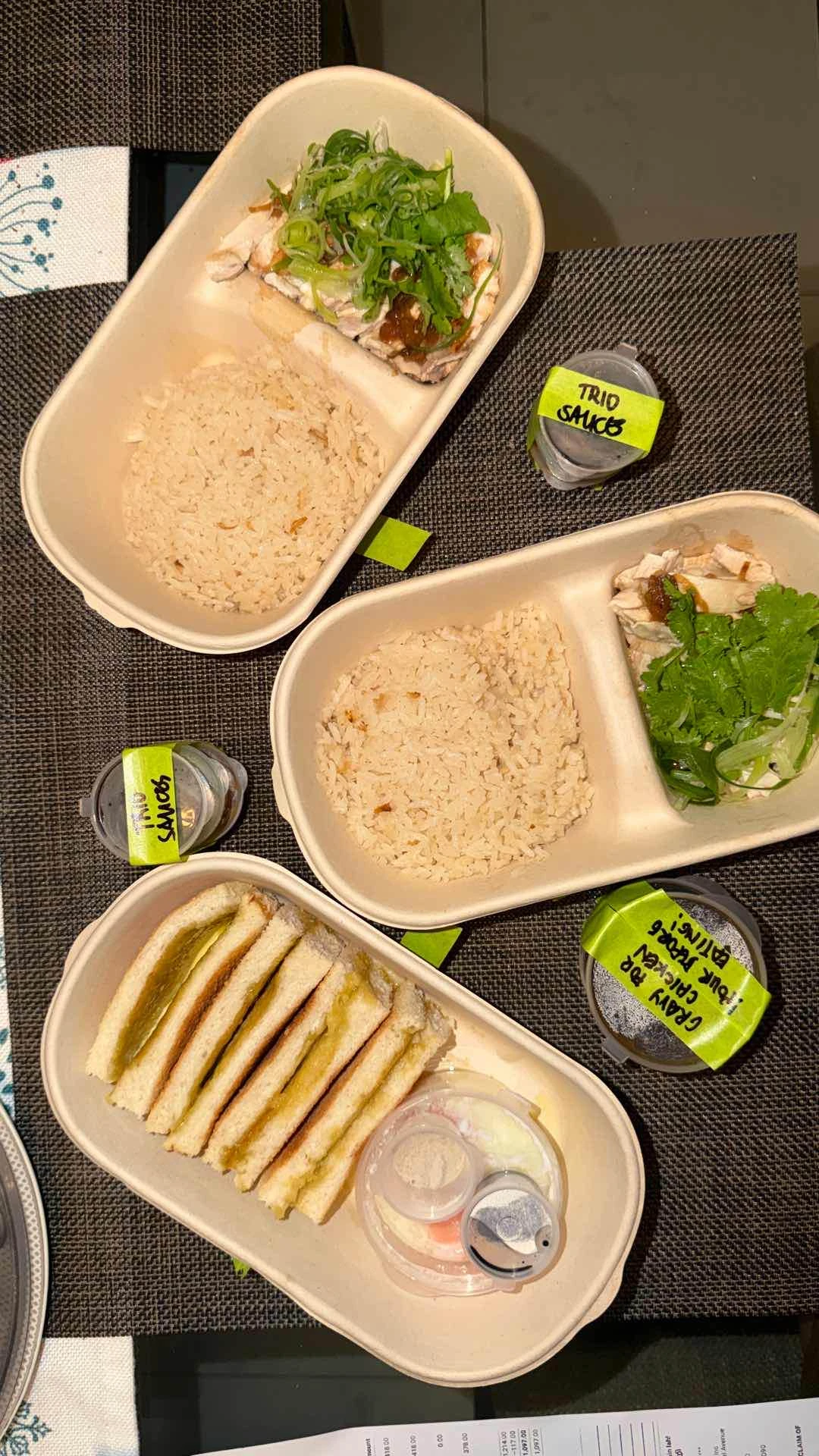 Solo Steamed Chicken Rice, Solo Roasted Chicken Rice, and Flock’s Kaya Toast