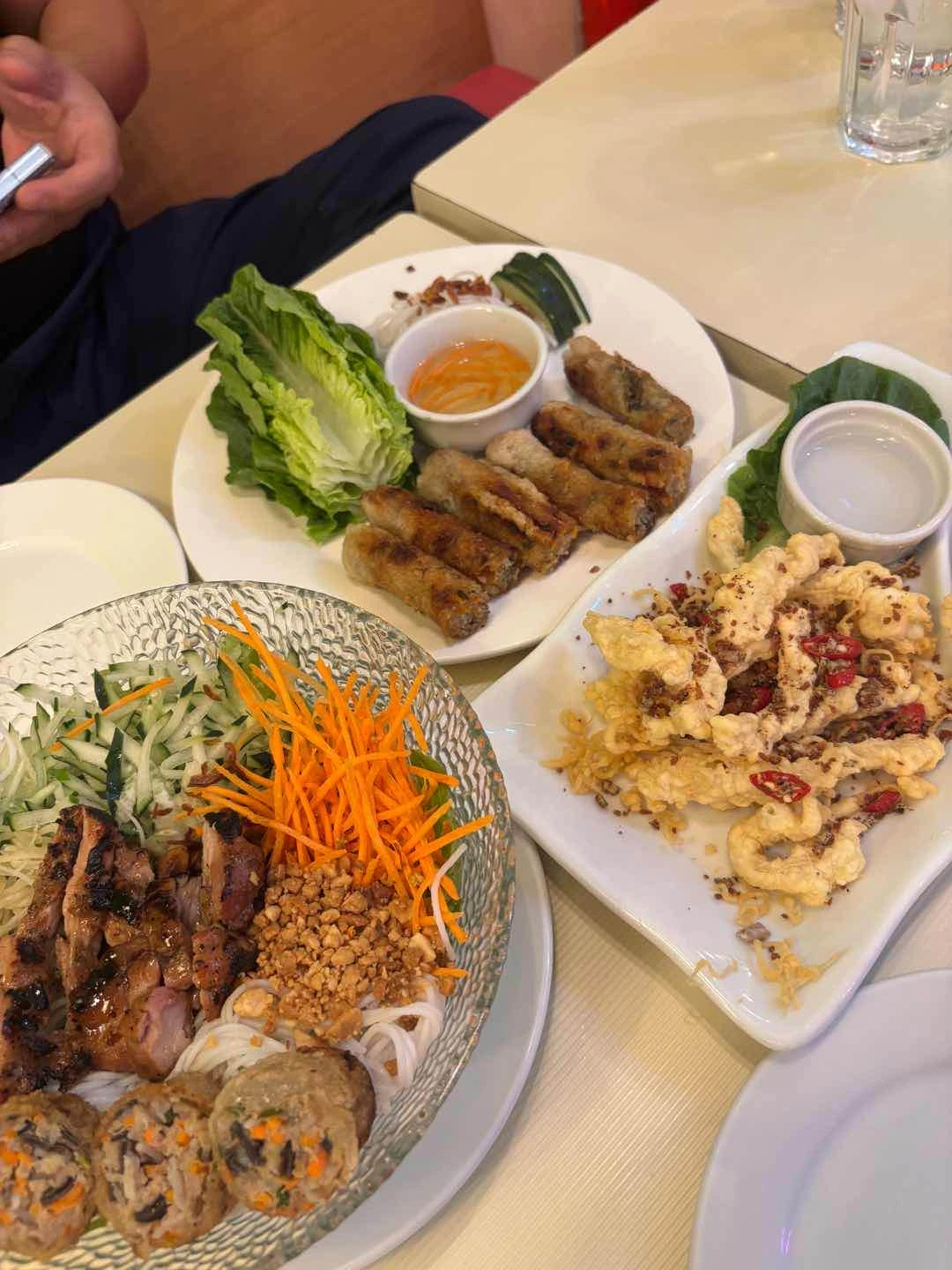 grilled chicken & fried rice paper rolls, fried squid