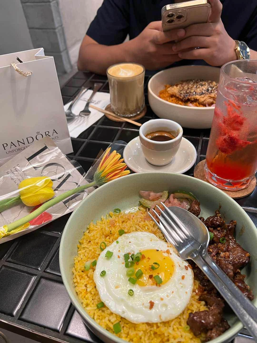Tapa w/ rice, Chicken Katsu, Latte, and a Cool drink with espresso shot