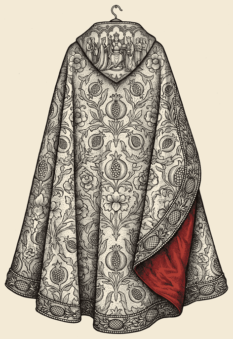 A crimson cope embroidered in gold thread
