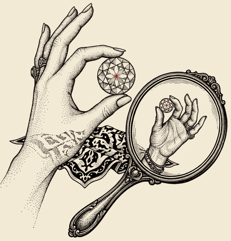 A diamond held up beside a hand mirror
