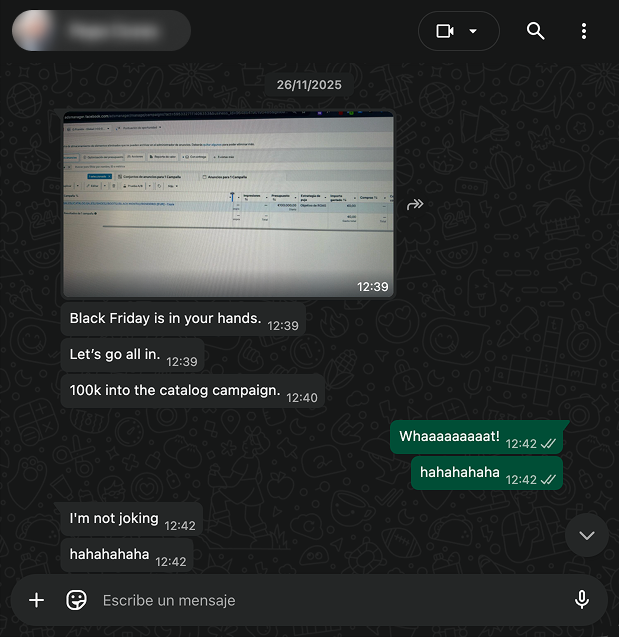 Captura de WhatsApp: decisión de escalado en la campaña de catálogo