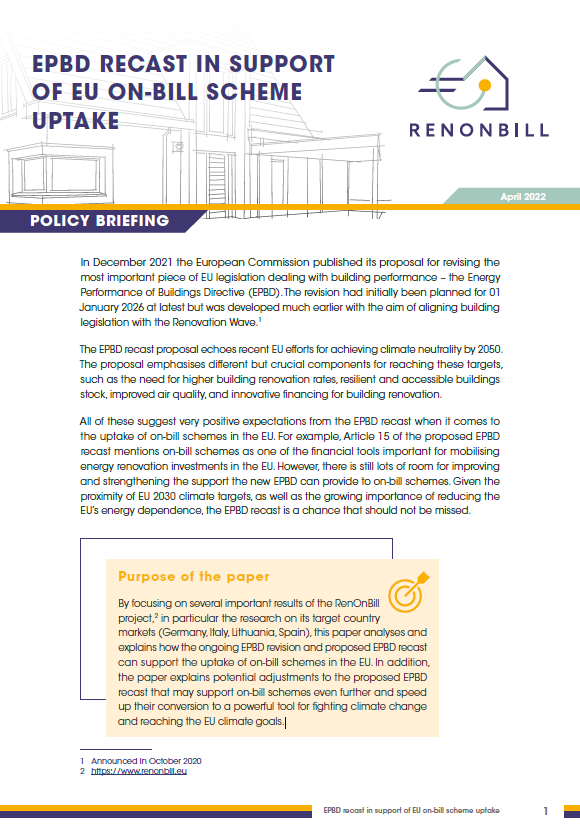 New RenOnBill policy paper explains how the proposed EPBD recast can support the uptake of on-bill schemes in the EU