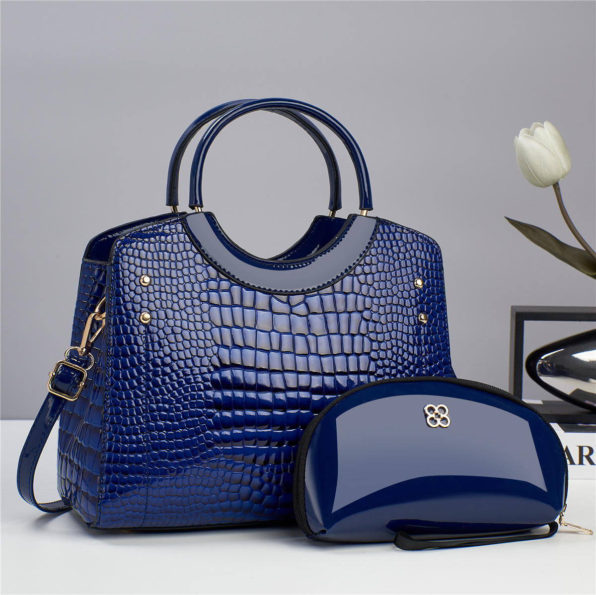 Women’s Glossy Leather Handbag Set – 2-Piece Shoulder Tote & Satchel Bags