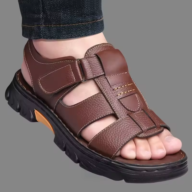Men's Genuine Leather Sandals - Breathable Anti-Slip Outdoor Summer Slides with Cushioned Sole