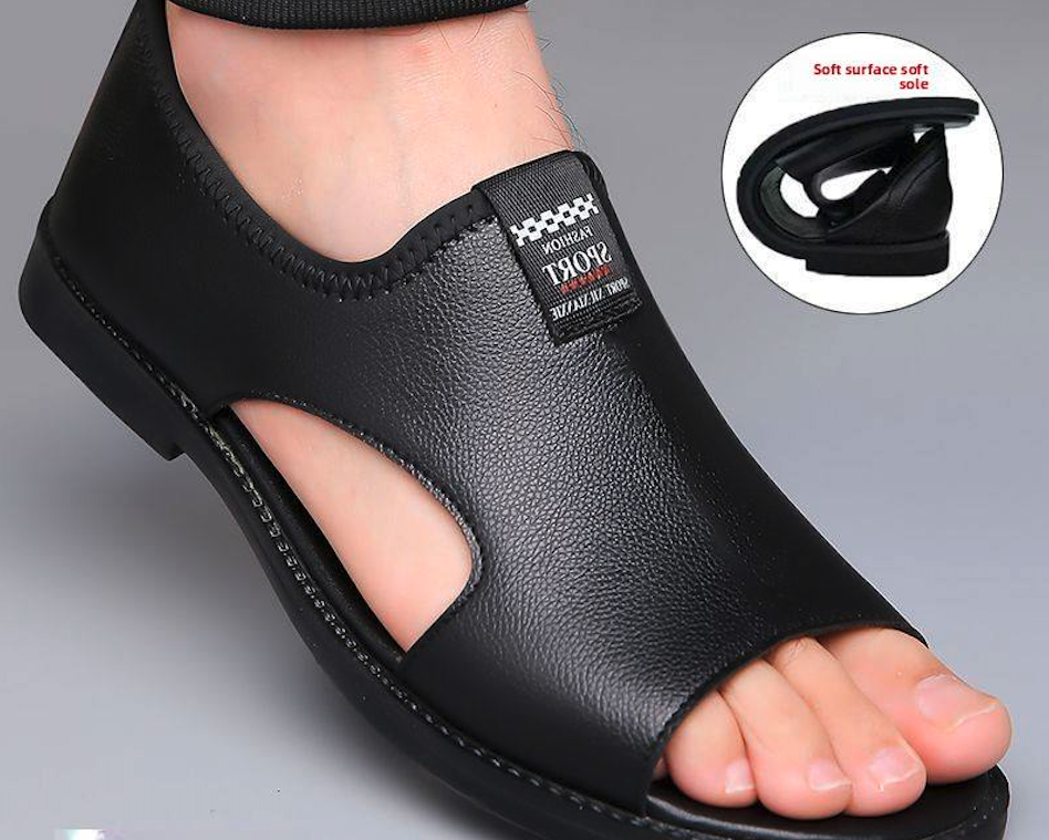 Men’s Roman-Style Leather Sandals – Breathable Slip-On Summer Beach Shoes