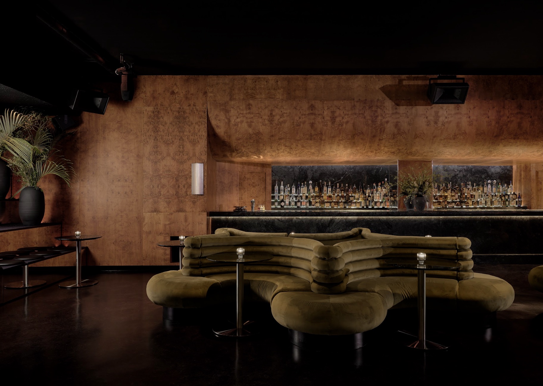 Unveiled nightclub in Williamsburg with dance floor, DJ booth, and club lighting