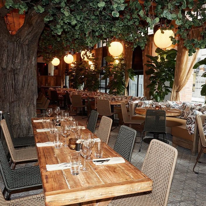 Bi-level interior with handcrafted tree centerpiece at Ketchy Shuby in SoHo
