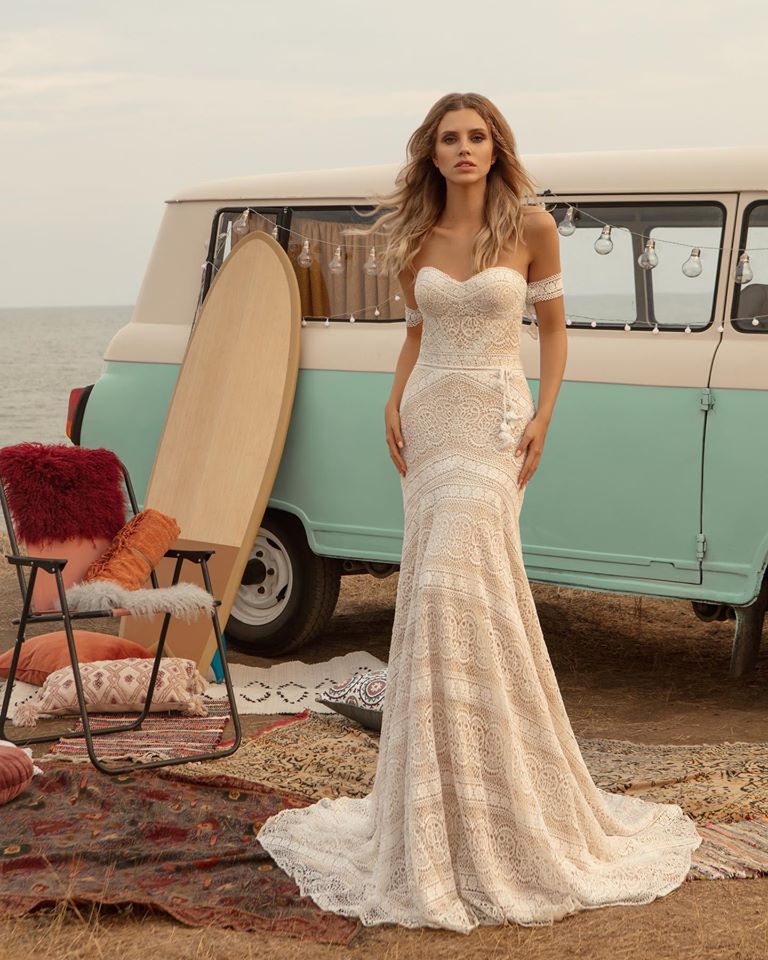Boho stil, vintage brudekjole brunlig farve