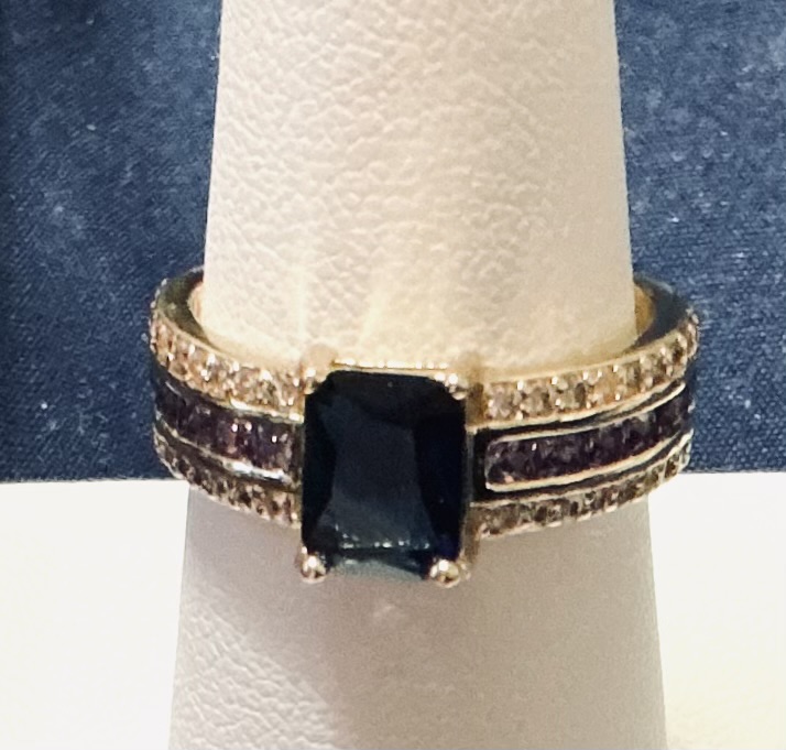 Gold Plated Ring with Dark Blue CZ Gemstone and Diamond CZ’S