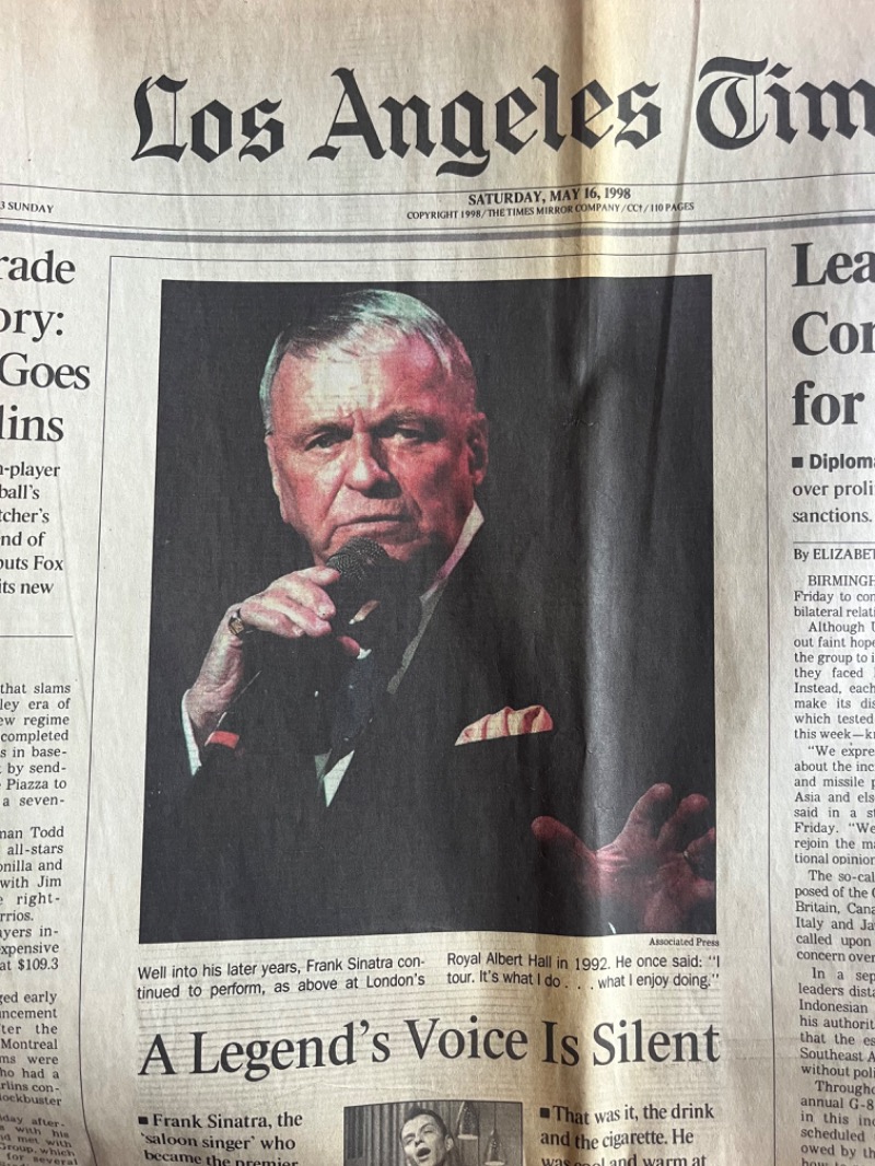 Los Angeles Times May 16 1998 Newspaper Cover Commemorating Frank Sinatra's Legacy