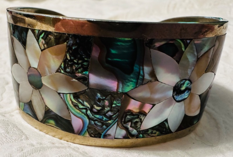 Decorative Cuff Bracelet with Abalone and Mother-of-Pearl Inlay