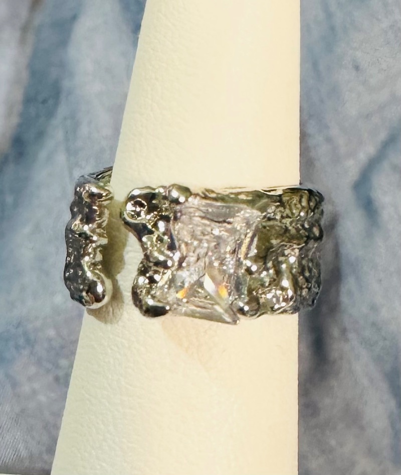 Handmade Textured Silver Ring with Organic Design and Embedded Square CZ Size 5-3/4